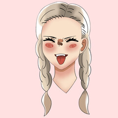 Anime girl with white hair grimaces and shows her tongue