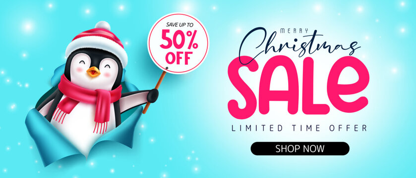 Christmas sale vector banner design. Christmas sale text in limited time offer with seasonal penguin character for xmas shopping holiday promo advertisement. Vector illustration.
