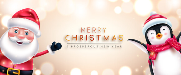 Christmas greeting vector design. Merry christmas text with santa claus and penguin characters in elegant bokeh lights background for xmas messages. Vector illustration.  © Zeinous
