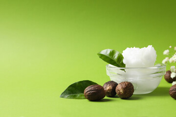 Concept of skin care cosmetics, Shea butter, space for text