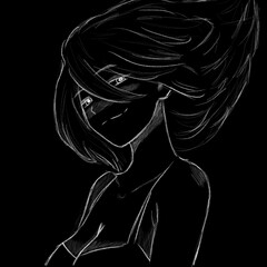 Anime girl posing at the camera, drawn with a white pencil, dark background