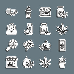 Set line Marijuana plant in pot, Online buying marijuana, or cannabis leaf, oil, Shopping bag of, cart with and Medical bottle icon. Vector