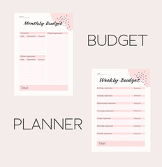 2 set of pink abstract planners printable template with pink elements. weekly monthly personal budget planner template.