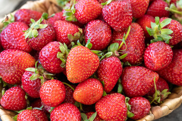 Ripe strawberries on a dark background. Fresh strawberries in a basket. Organic food. close up