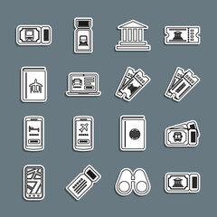 Set line Museum ticket, Bus, Ticket, building, Online car sharing, Cover book travel guide, and icon. Vector