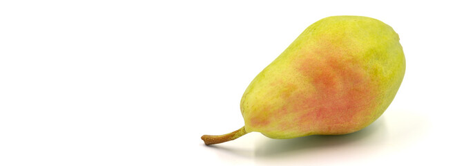 Ripe pear isolated on white background. Fresh and juicy pear. Organic food. Copy space. Space for text