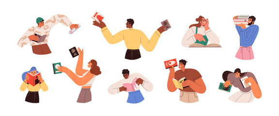 People with books set. Happy men, women characters read, study with paper literature. Smart readers, students. Education, knowledge concept. Flat vector illustrations isolated on white background