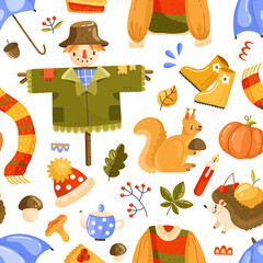 Fototapeta premium Seamless pattern with autumn elements on a white background. Autumn pattern with cartoon-style elements. Vector illustration background.