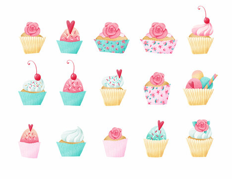 A set of watercolor cakes decorated with cherries, roses and cream. White background. Stock illustration.