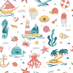 Cute seamless pattern nautical theme. Ocean and sea life background for children