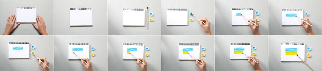 Photo collage of female hand drawing Ukraine flag in notebook with gouache