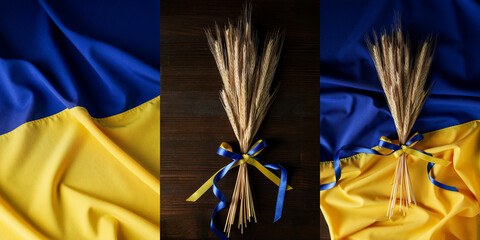 Photo collage for Save Ukraine concept, flag of Ukraine and spikelets with blue and yellow ribbons