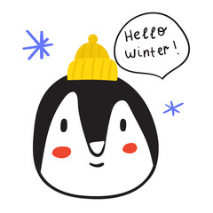Hello winter. Happy penguin. Vector hand drawn illustration.