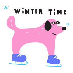 Winter time. Dog love ice skating. Flat vector illustration on white background. 