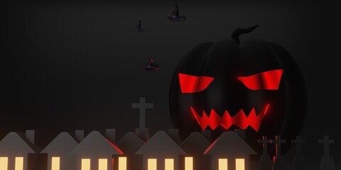 Happy Halloween background purple tone with black giant pumpkins, red light, cross, and witch hat 3d illustration trick or treat