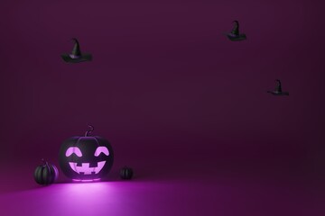 Happy Halloween background purple tone with black pumpkins and witch hat 3d illustration trick or treat