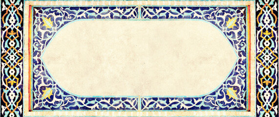 Grunge horizontal banner with old paper texture and detail of traditional persian mosaic geometric and floral ornament, Iran