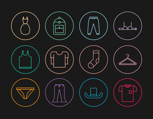 Set line Polo shirt, Hanger wardrobe, Sport pants, Long sleeve, Sleeveless T-shirt, Woman dress, Socks and Backpack icon. Vector