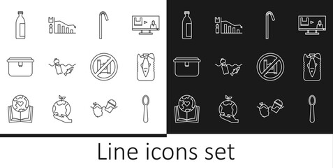 Set line Disposable plastic spoon, Stop ocean pollution, Drinking straw, Problem of the, Lunch box, Lotion cosmetic tube, Say no bags poster and Ecology infographic icon. Vector
