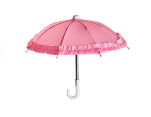 Pink toy romantic umbrella with ruffles isolated on white background
