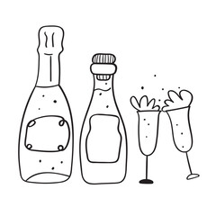 Bottles of wine with glasses. Outline vector illustration.