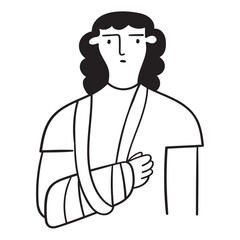 Woman with broken arm. Outline icon. Vector illustration on white background.