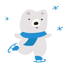 Happy ice skating polar bear. Vector illustration on white background. 