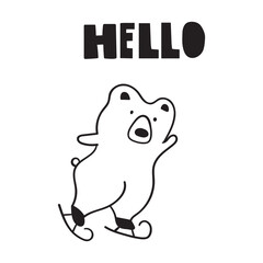 Hello. Ice skating bear. Outline illustration on white background.