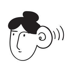 Hearing and deafness. Woman face with symbol of sound. Outline icon on white background.