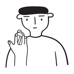 Young man with bandaged finger.   Outline vector icon on white background. 