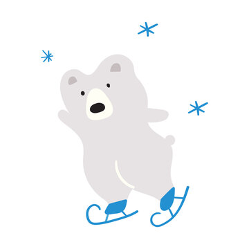 Ice skating bear. Hand drawn flat vector illustration on white background. 