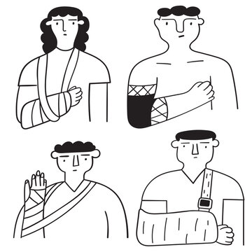 People with broken arms. Outline vector icons on white background.