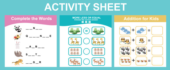 Naklejka premium Activity sheet for children. Counting animals, complete the words, additional, more less or equal worksheet. Educational printable sheet for children. Vector illustration.