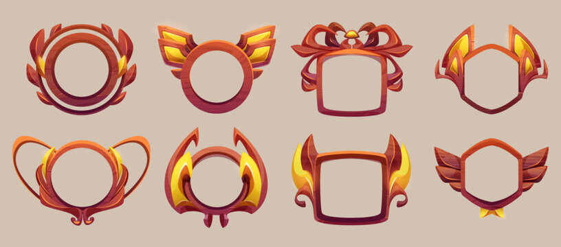 Game level or avatar frames, ui icons, buttons, ranking badges or achievement banners, wooden bordering decor with gem, laurel. Isolated award or bonus Vector graphic elements for rpg, 2d design