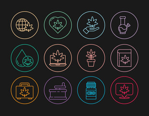 Set line Location and cannabis, Book marijuana or, Marijuana leaf, Laptop, olive oil, Legalize globe, plant and in heart icon. Vector