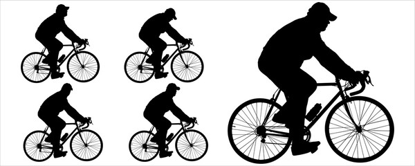 A young guy of large build riding a road bike. Men in tracksuits and caps on bicycles. The character's head looks in different directions. Side view, profile. Five black silhouettes isolated on white