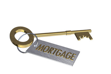 key to mortgage concept gold 3D key with key ring tag with text word words mortgage concept cut out isolated on white background