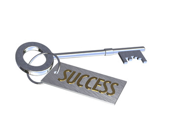 key to success concept silver 3D key with key ring tag with text word words success concept cut out isolated on white background
