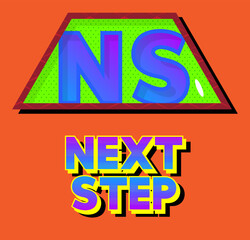 Superhero coat of arms showing Next Step icon. Colorful comic book style vector illustration.