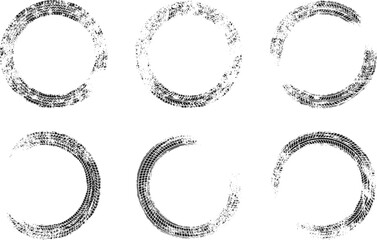 Auto tire tread grunge circle frames set. Car and motorcycle tire pattern, wheel tyre tread track. Black tyre round border. Vector illustration isolated on white background. - 525002635