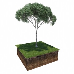 tree on the grass and a slice of soil under it, 3d render