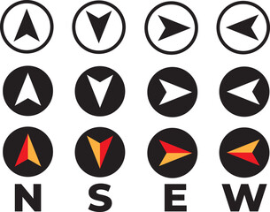 Vector compass icons of north, south, east and west direction. Map symbol. Arrow icon. Vector 