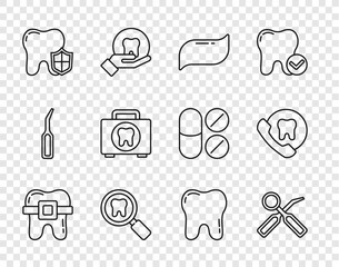 Set line Teeth with braces, Dental inspection mirror, Toothpaste, search, protection, First aid kit, and Online dental care icon. Vector