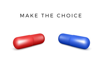 3D Red and blue capsule drugs. Medical tablets in matrix style. Make a choice