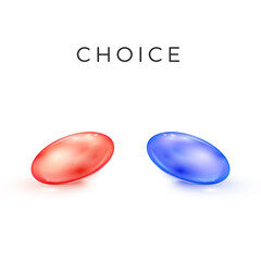 Red and blue transparent capsule drugs. Medical tablets in matrix style. Make a choice concept