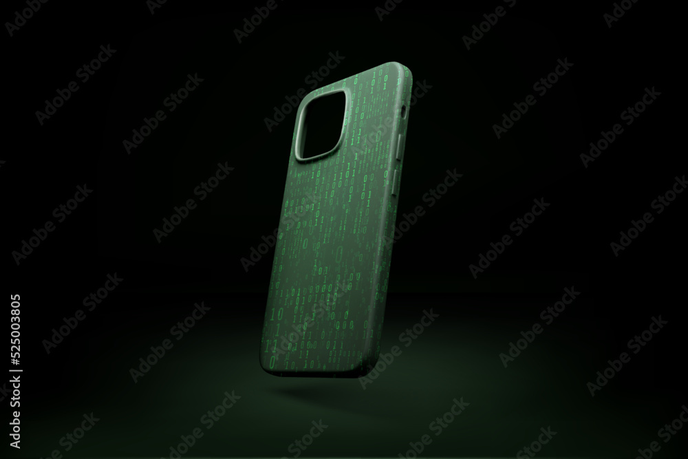 Poster mobile phone plastic case with binary code print. template of sci fi futuristic cellphone case in ma
