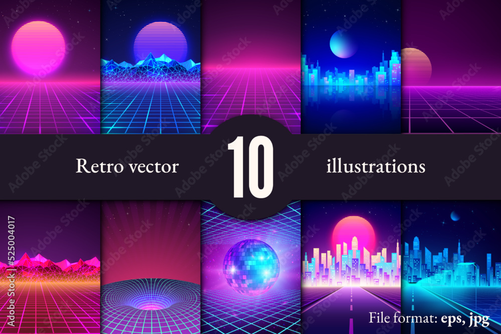 Wall mural set of retro futuristic backgrounds. rave party flyer design template in 80s style. retro cityscape, - Wall murals