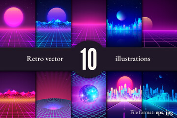 Set of retro futuristic backgrounds. Rave party flyer design template in 80s style. Retro cityscape, mountain landscape sunset skyline illustrations