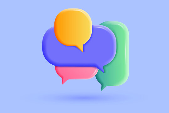 3D Speech bubbles message with blank copy space for text. Social network communication. Empty dialogue balloons. Cartoon creative design icon concept isolated on purple background. 3D Vector