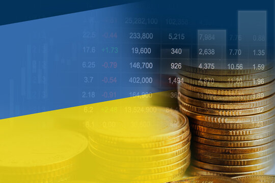 Ukraine flag with stock market finance, economy trend graph digital technology.